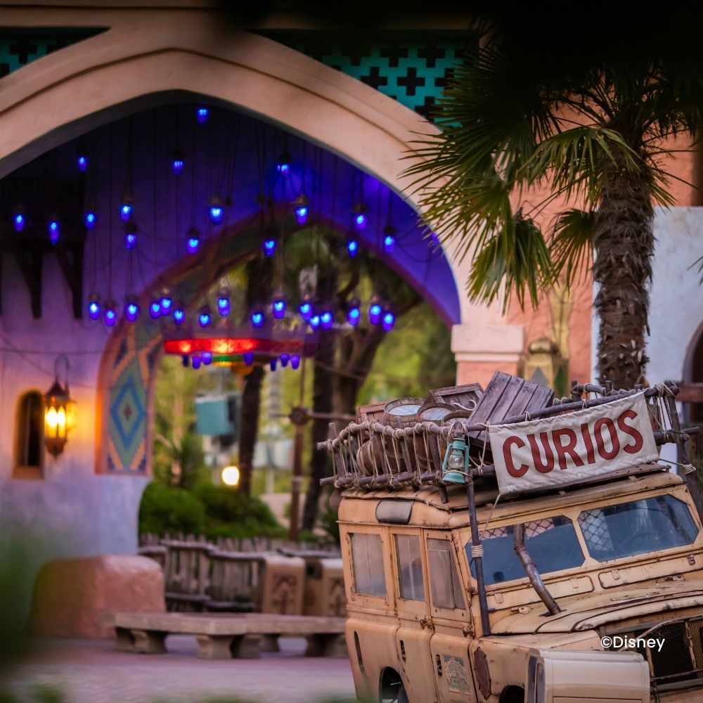 Jeep mit Palme am Eingang zum Adventureland