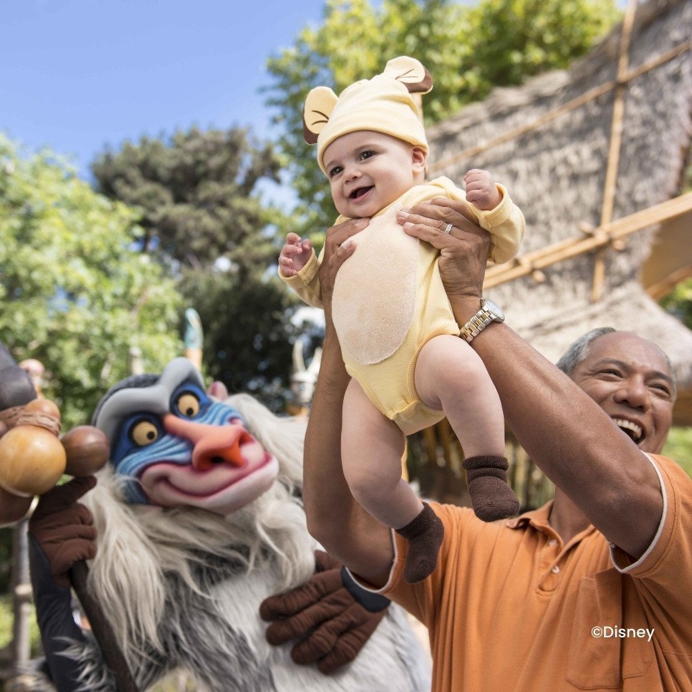 Mann hält ein Baby in der Luft neben Rafiki, dem Affen aus König der Löwen Rider Switch