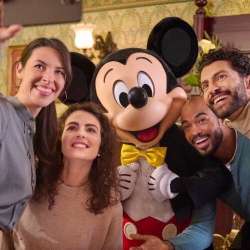 14 Leute treffen DIsney-Figuren und machen ein Selfie mit Mickey Mouse